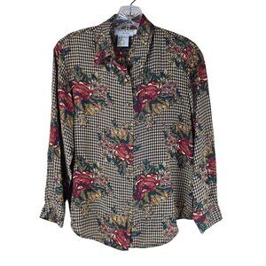 VTG 90s Silk Floral & Houndstooth Blouse Dark Romantic Academia